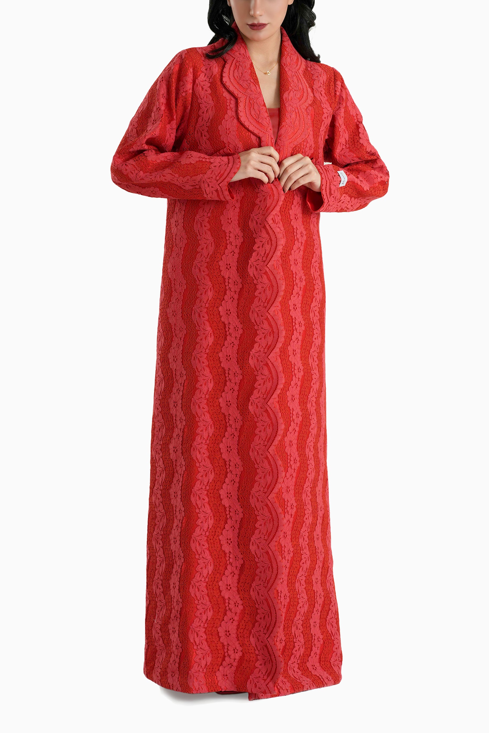 Sama Red - Collared Floral Lace Scallop Abaya with Matching Shella