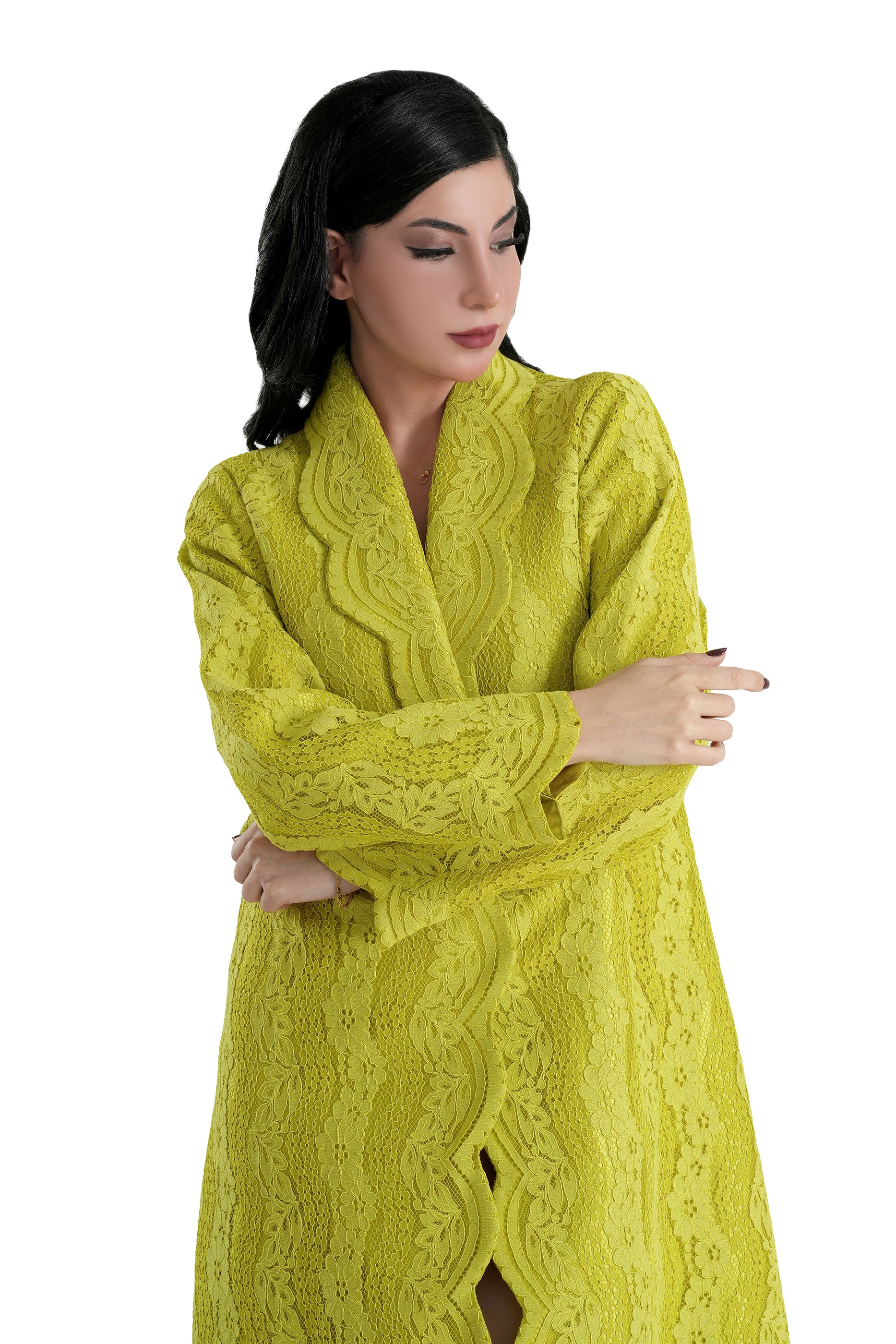 Sama Mustard - Collared Floral Lace Scallop Abaya with Matching Shella
