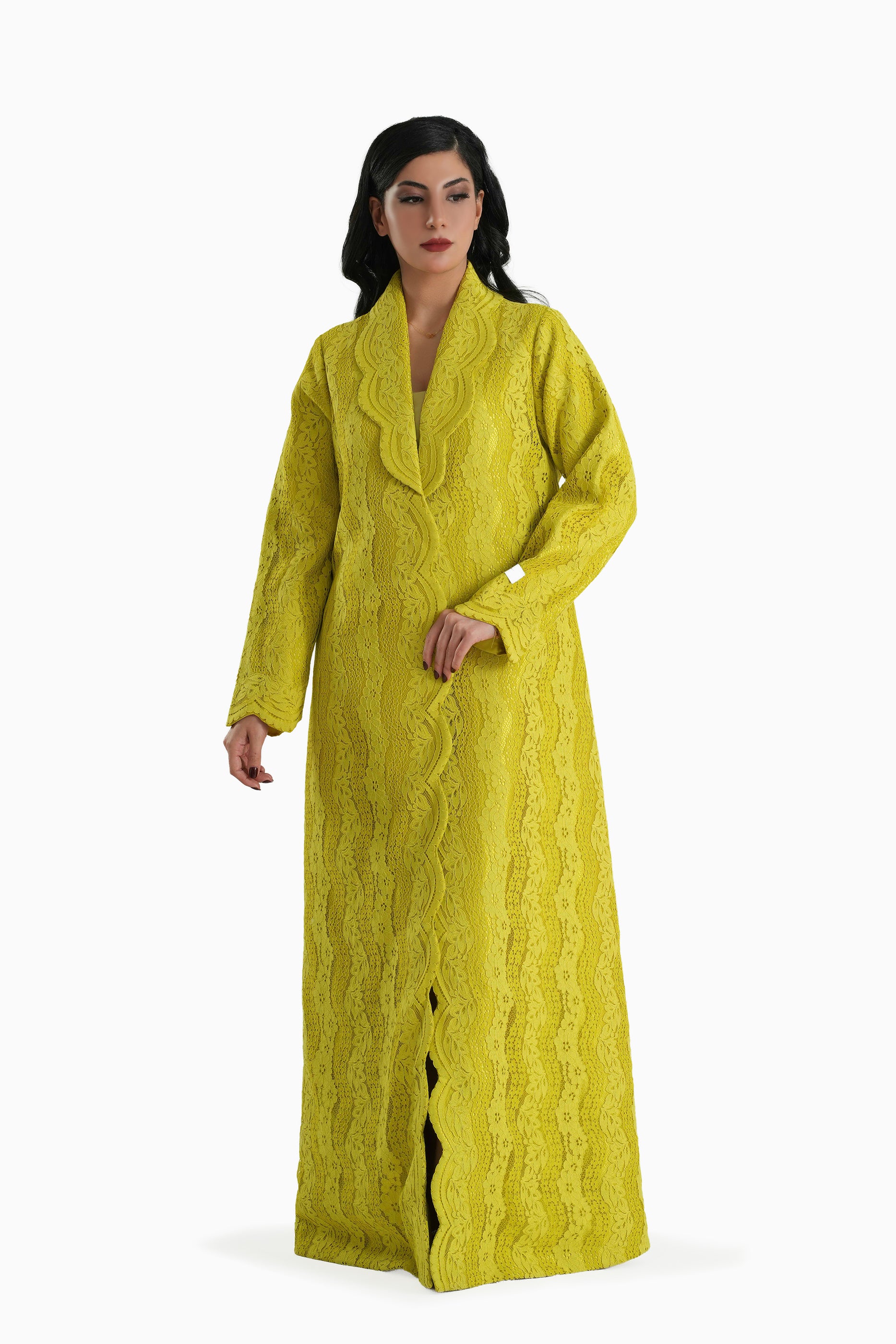 Sama Mustard - Collared Floral Lace Scallop Abaya with Matching Shella