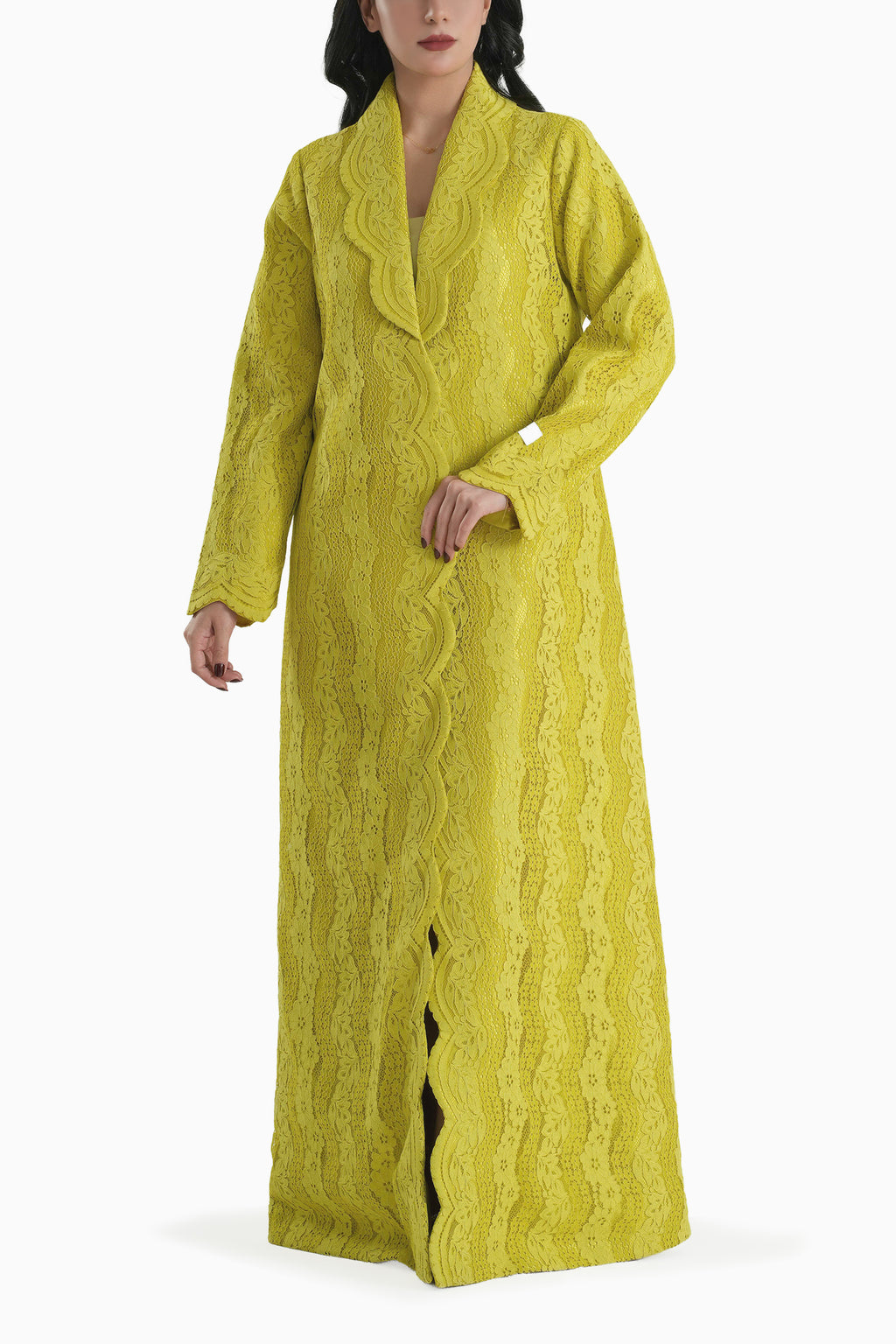 Sama Mustard - Collared Floral Lace Scallop Abaya with Matching Shella