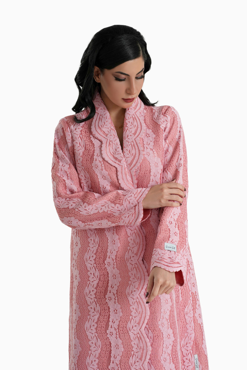 Sama Pink - Collared Floral Lace Scallop Abaya with Matching Shella