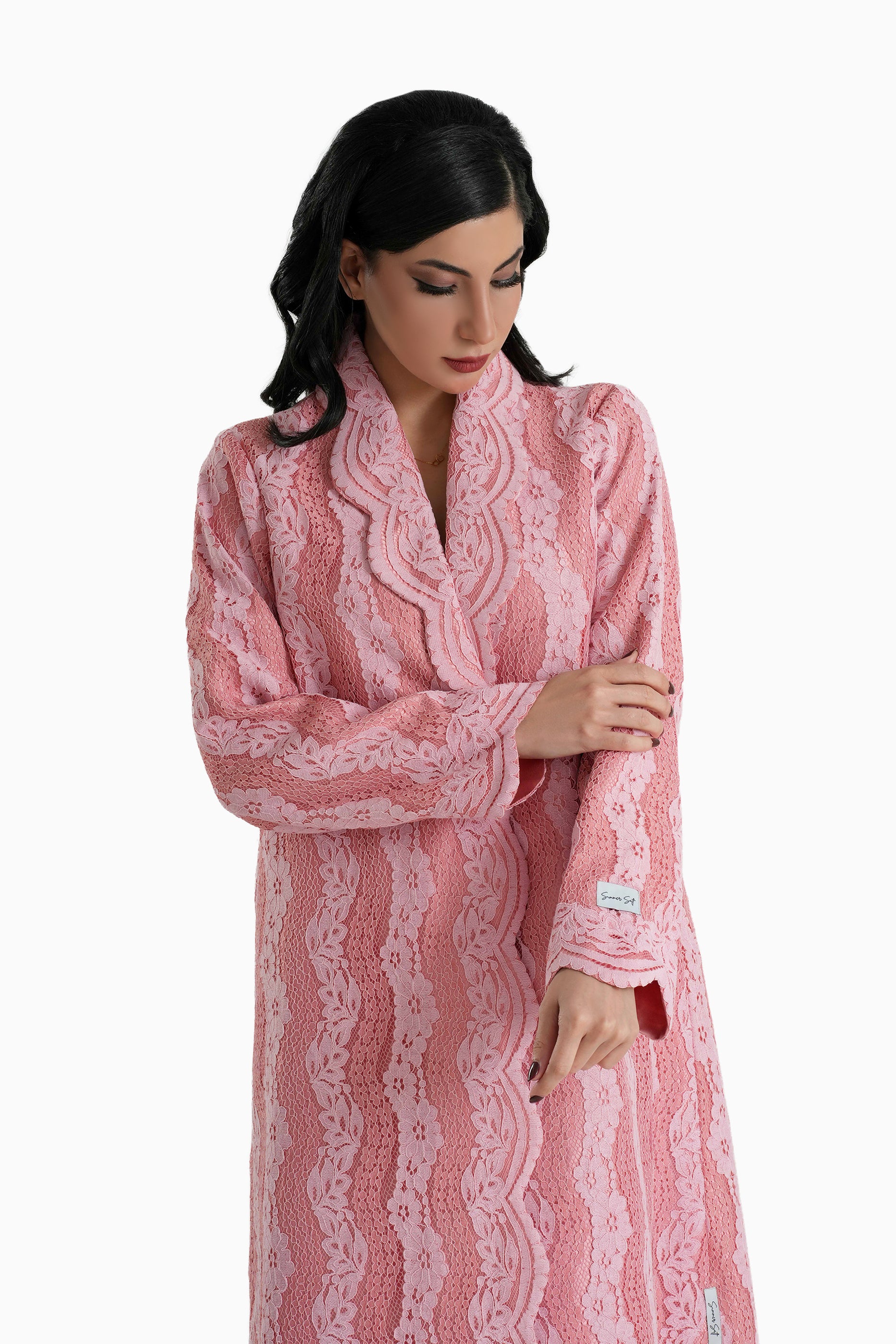 Sama Pink - Collared Floral Lace Scallop Abaya with Matching Shella