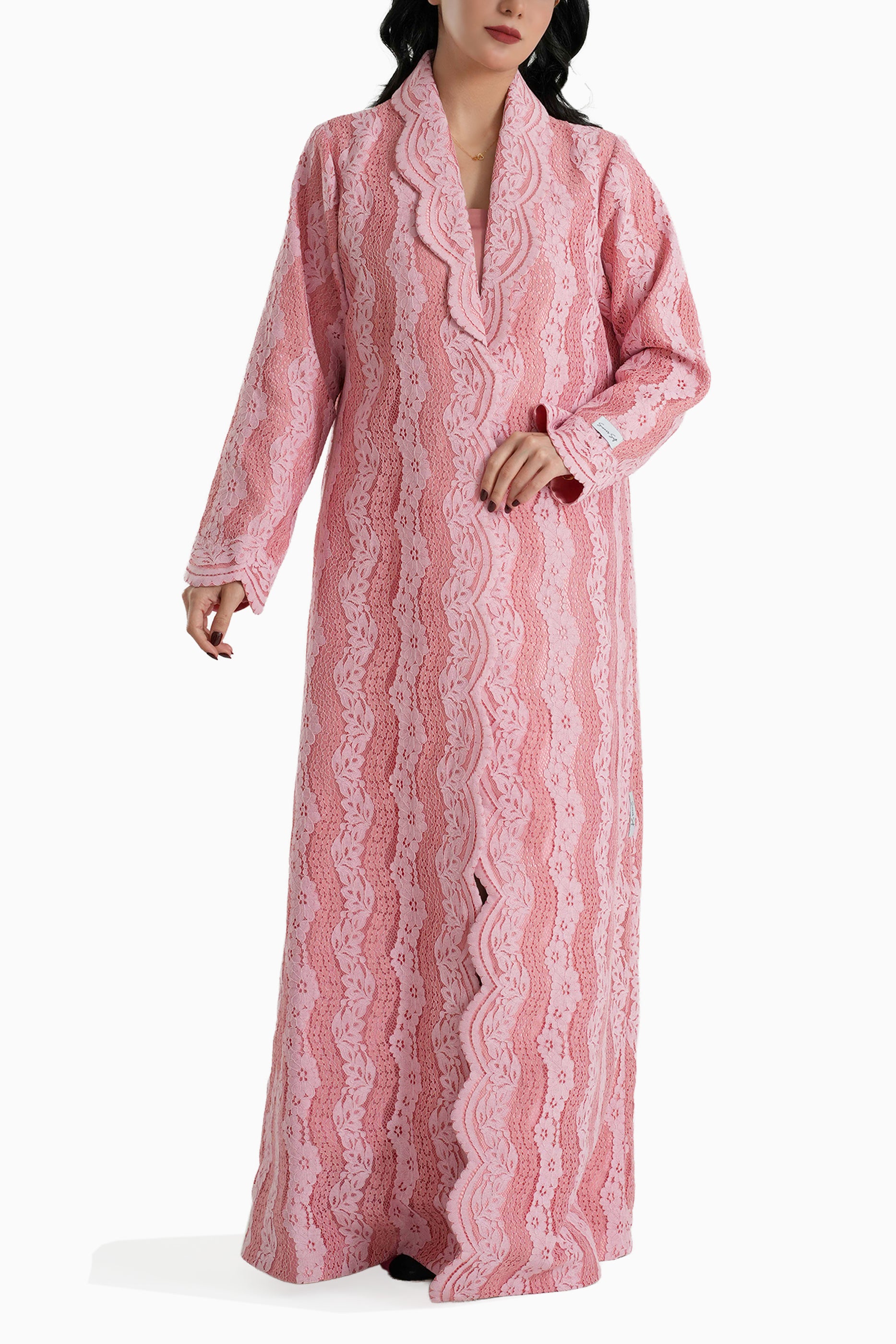 Sama Pink - Collared Floral Lace Scallop Abaya with Matching Shella