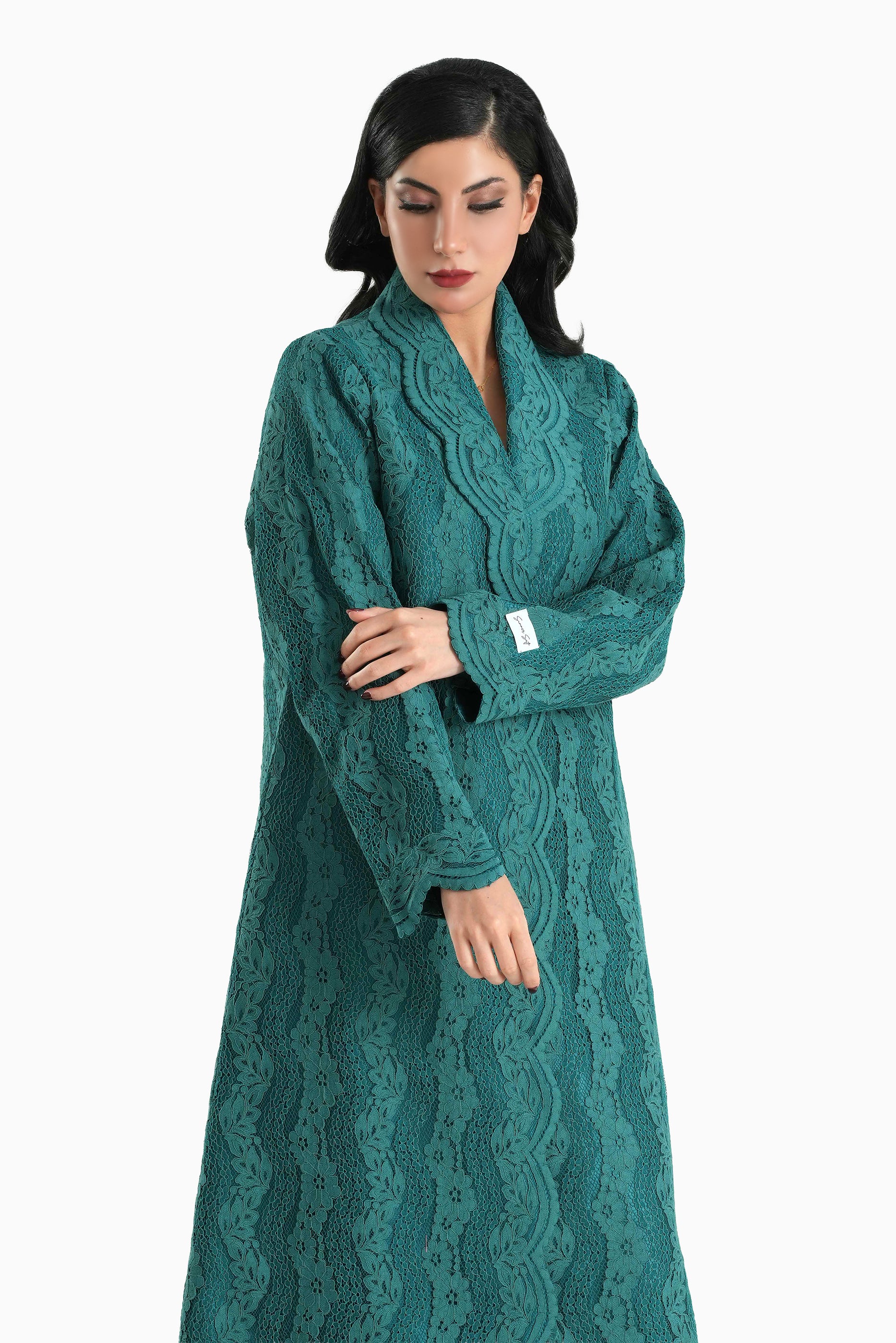 Sama Dark Teal - Collared Floral Lace Scallop Abaya with Matching Shella