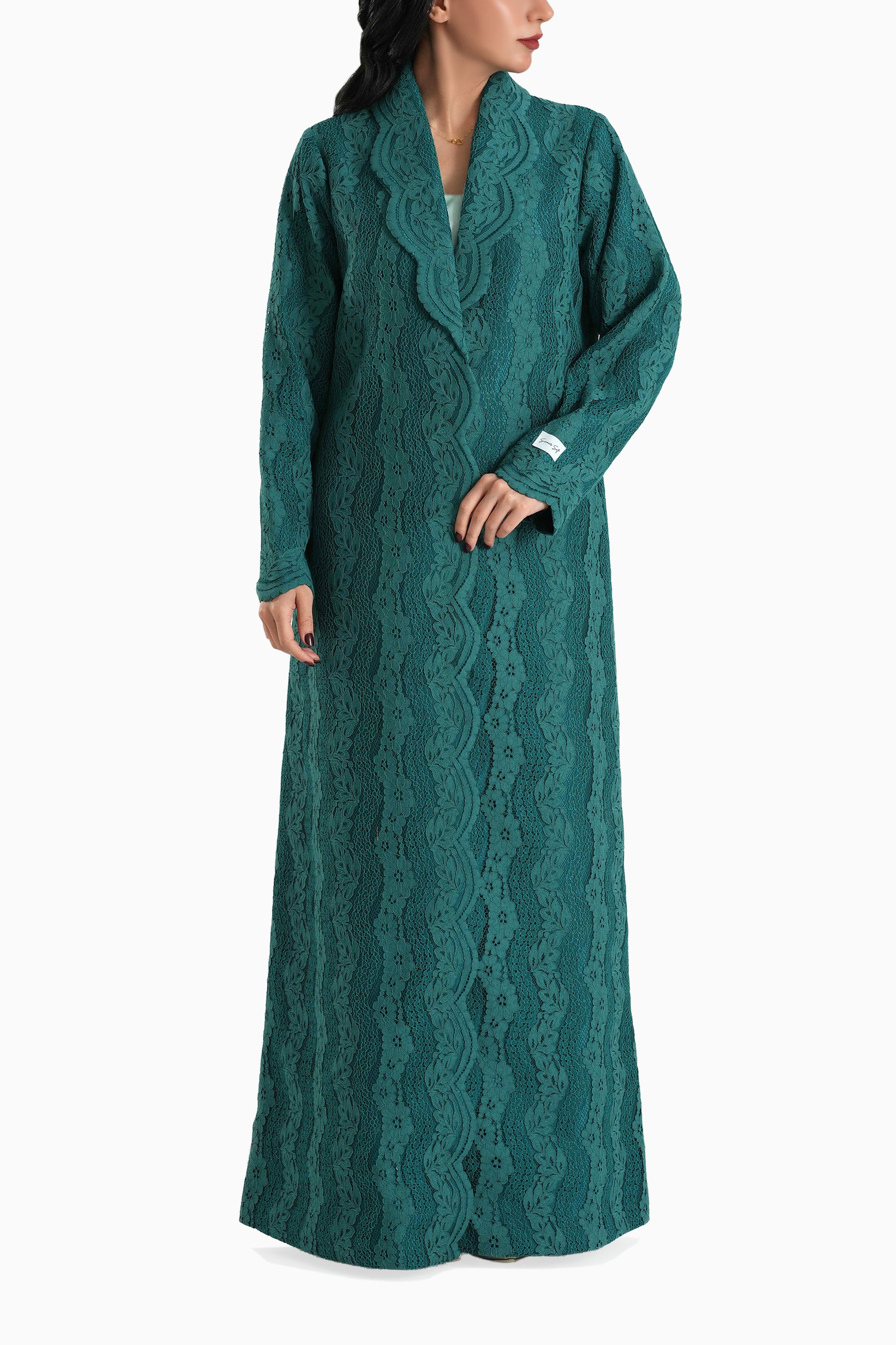 Sama Dark Teal - Collared Floral Lace Scallop Abaya with Matching Shella