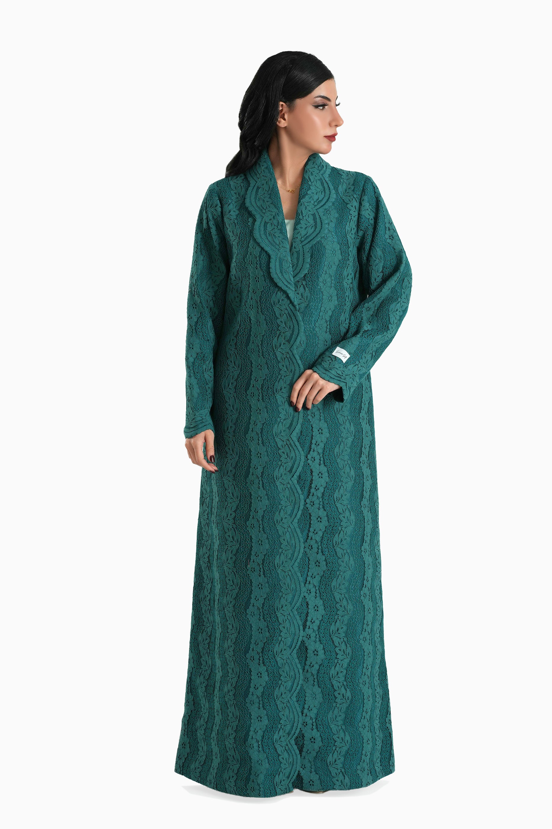 Sama Dark Teal - Collared Floral Lace Scallop Abaya with Matching Shella