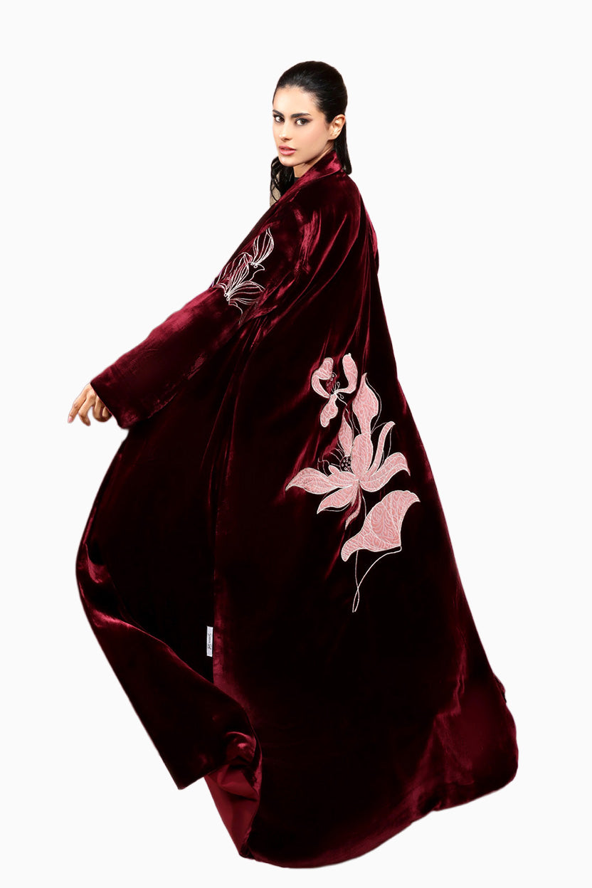 Warda Dark Maroon- Classic Velvet Abaya with Embroidery Detail