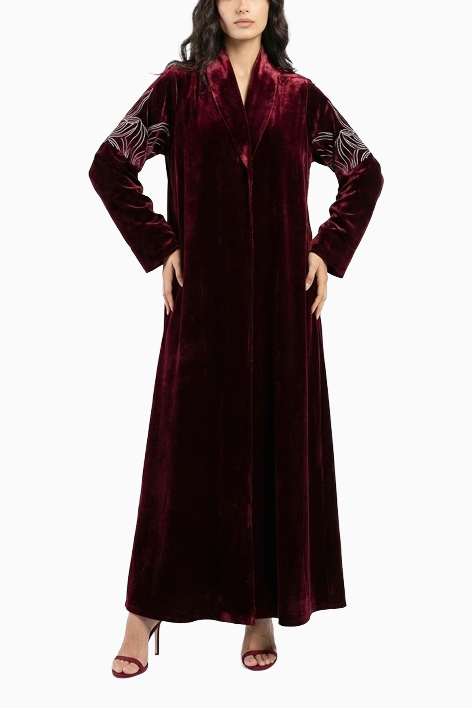 Warda Dark Maroon- Classic Velvet Abaya with Embroidery Detail