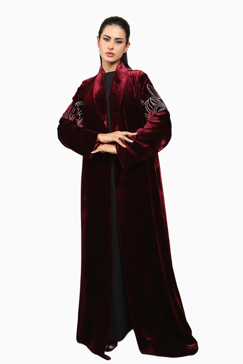 Warda Dark Maroon- Classic Velvet Abaya with Embroidery Detail