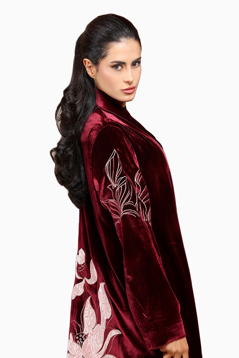 Warda Dark Maroon- Classic Velvet Abaya with Embroidery Detail