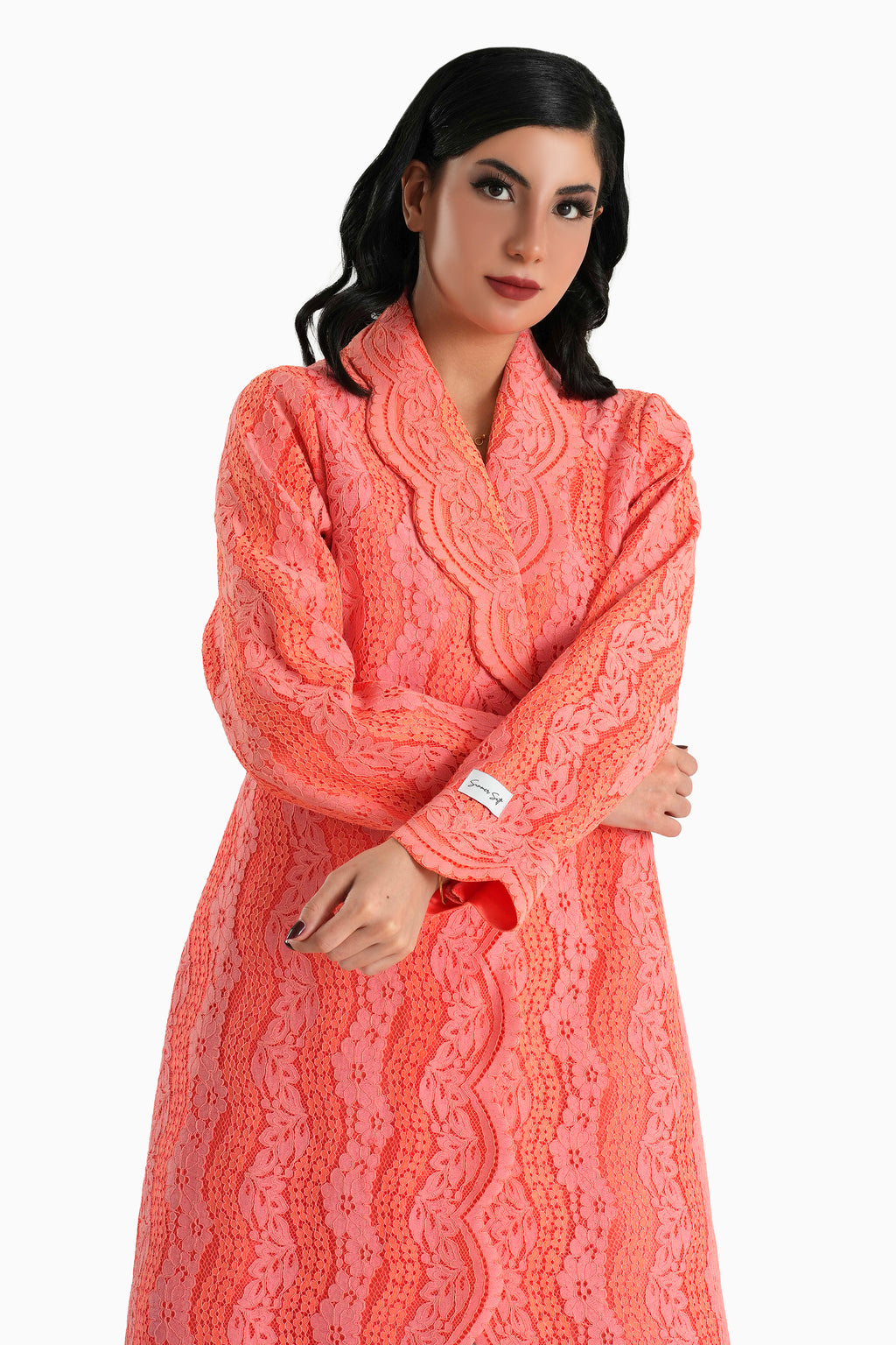 Sama Peach - Collared Floral Lace Scallop Abaya with Matching Shella