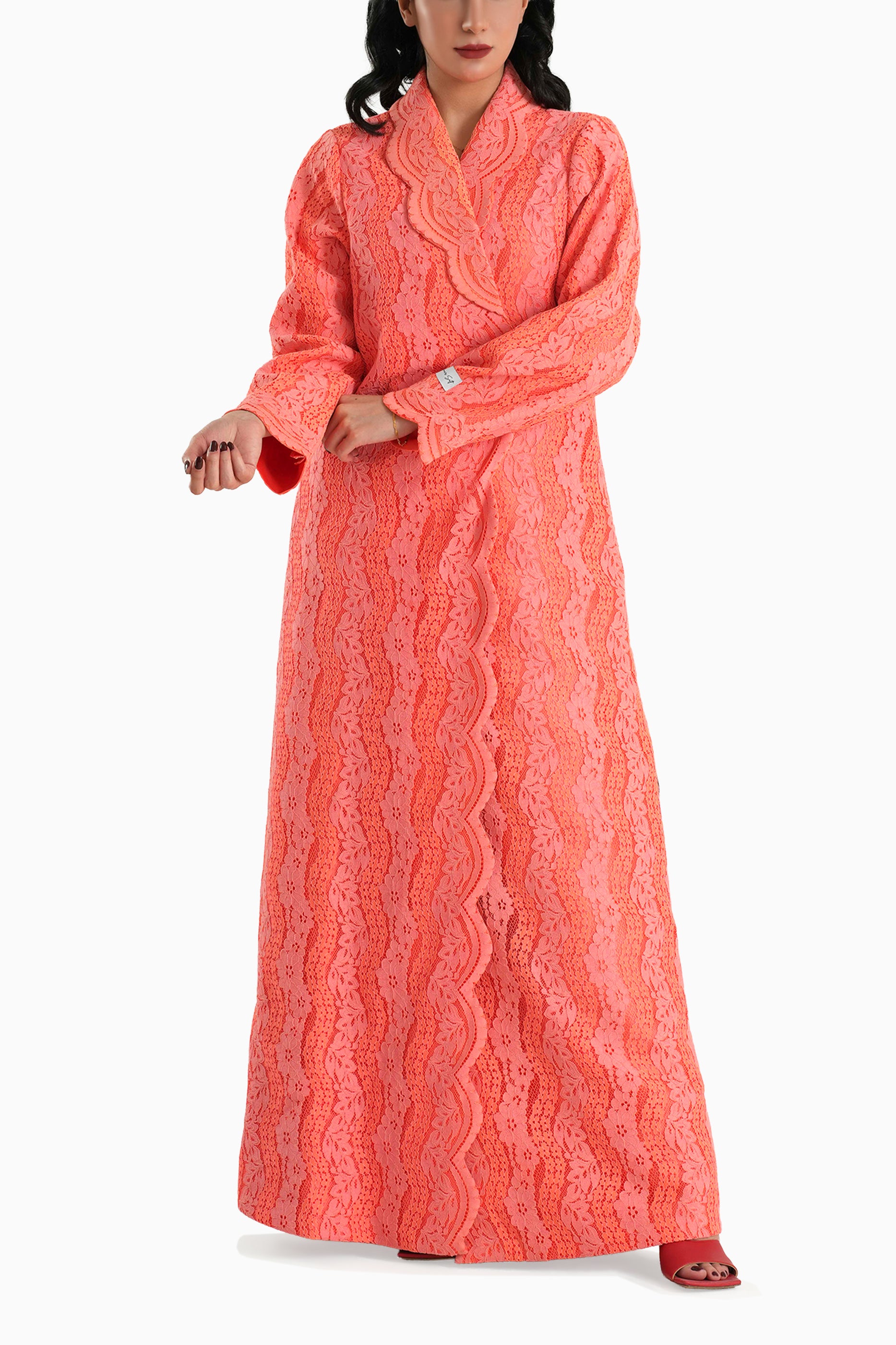 Sama Peach - Collared Floral Lace Scallop Abaya with Matching Shella
