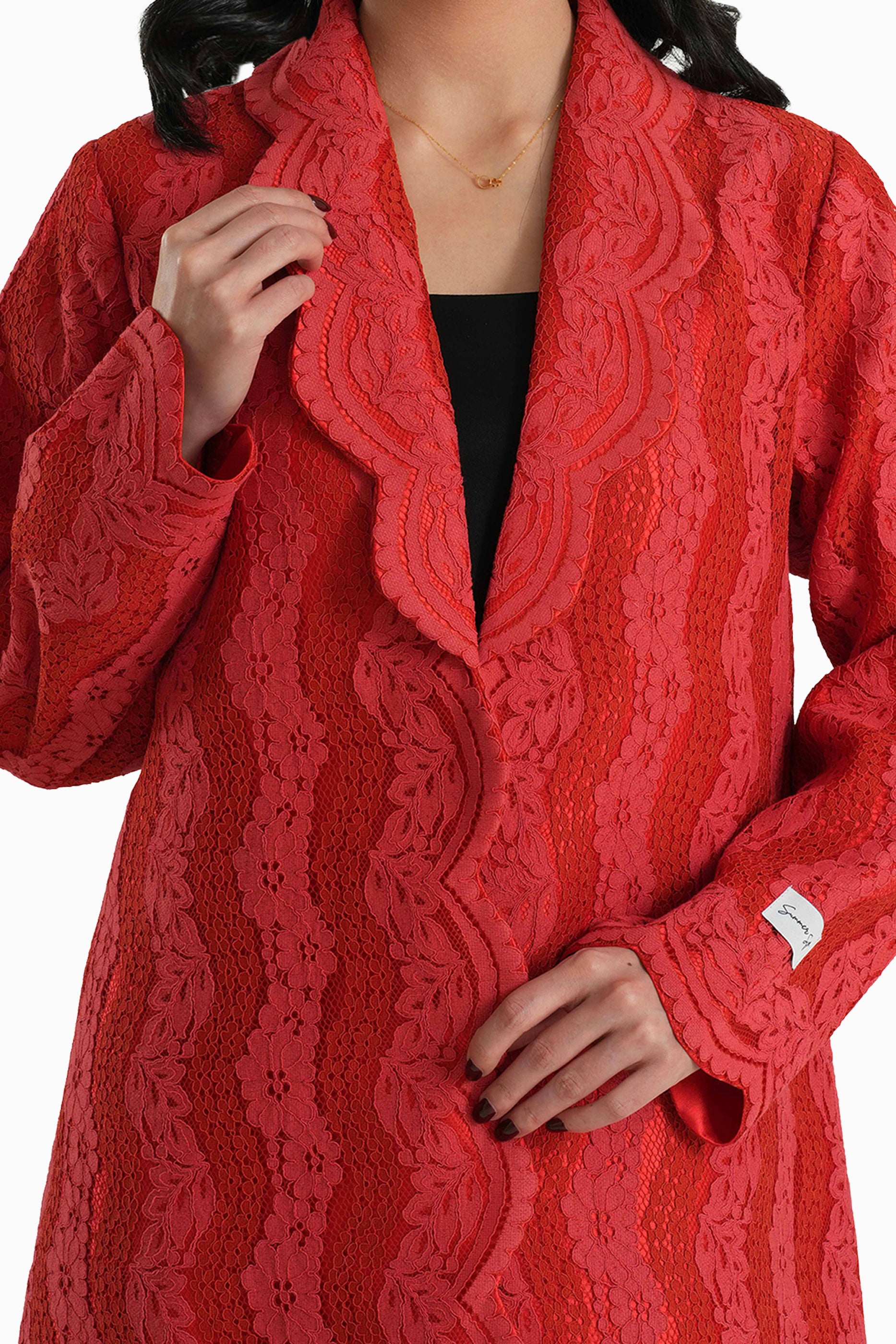 Sama Red - Collared Floral Lace Scallop Abaya with Matching Shella