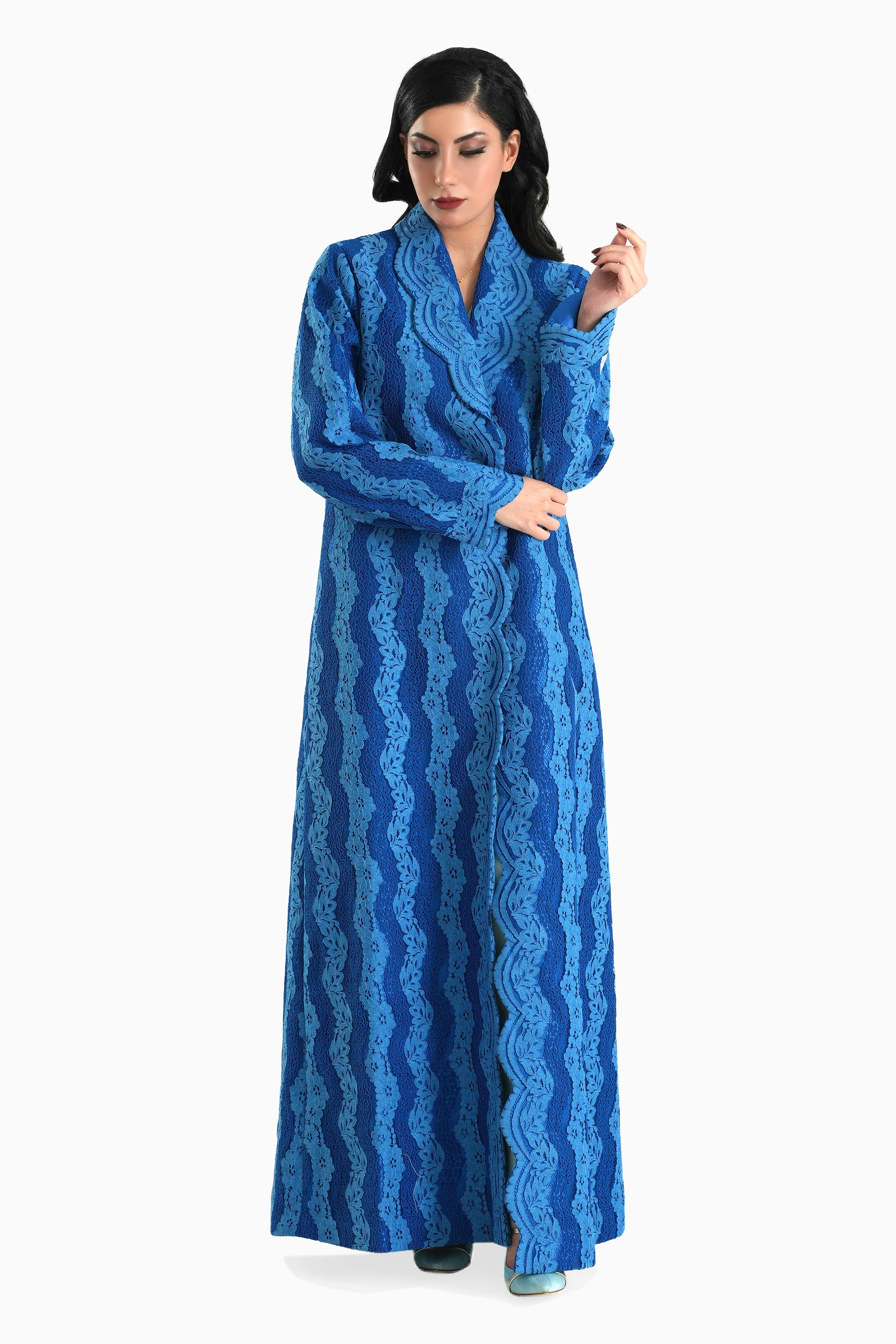 Sama Blue - Collared Floral Lace Scallop Abaya with Matching Shella