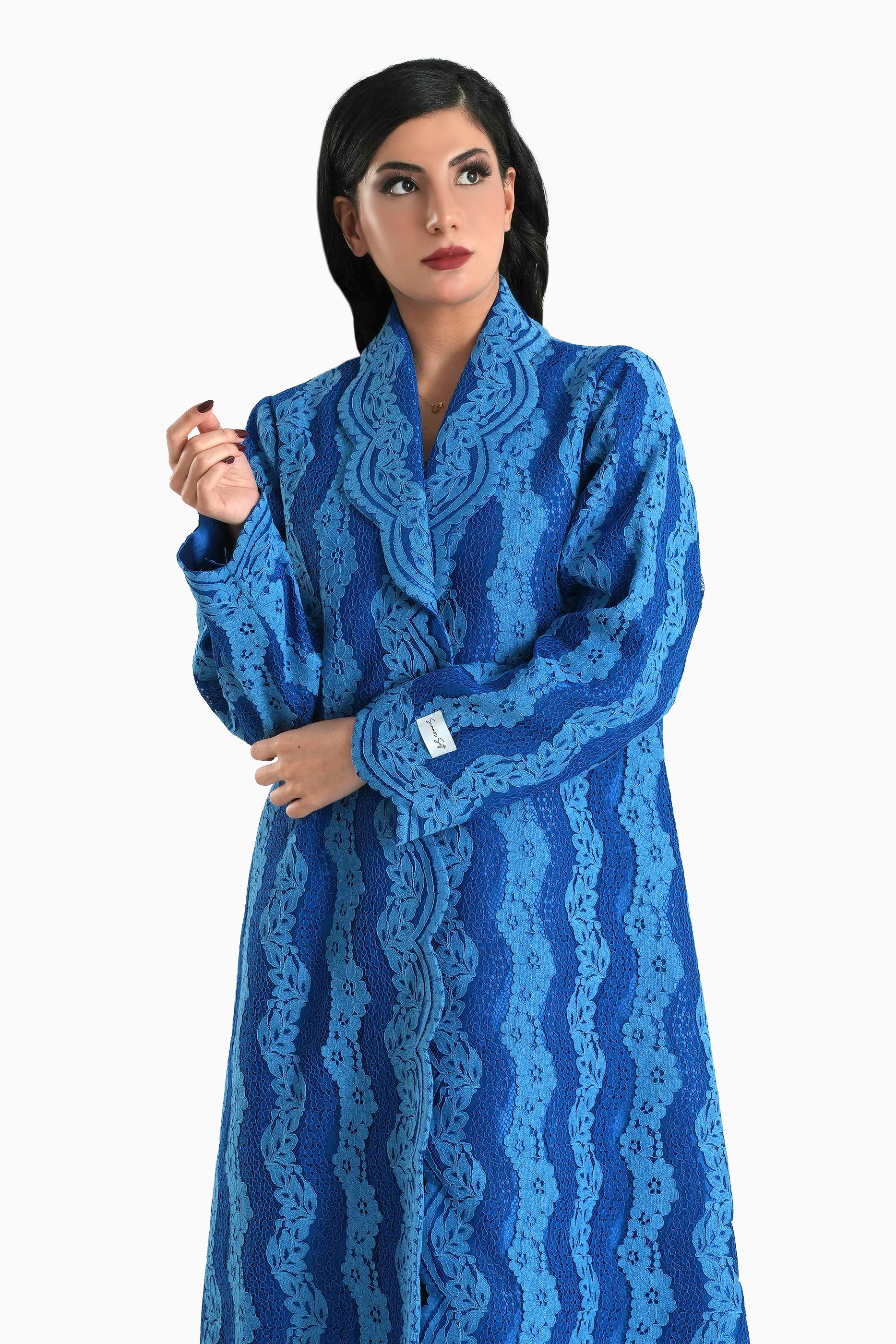 Sama Blue - Collared Floral Lace Scallop Abaya with Matching Shella