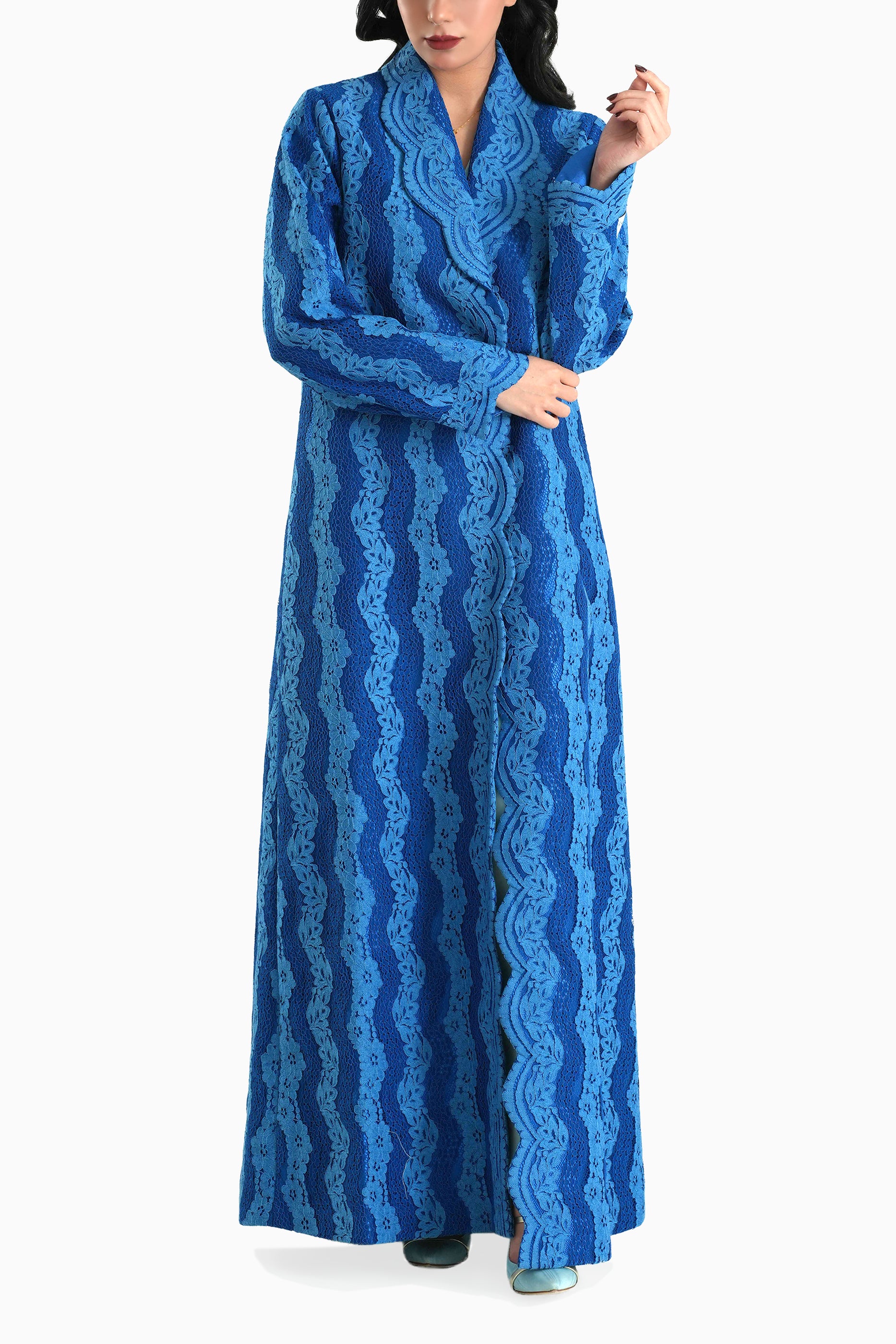 Sama Blue - Collared Floral Lace Scallop Abaya with Matching Shella