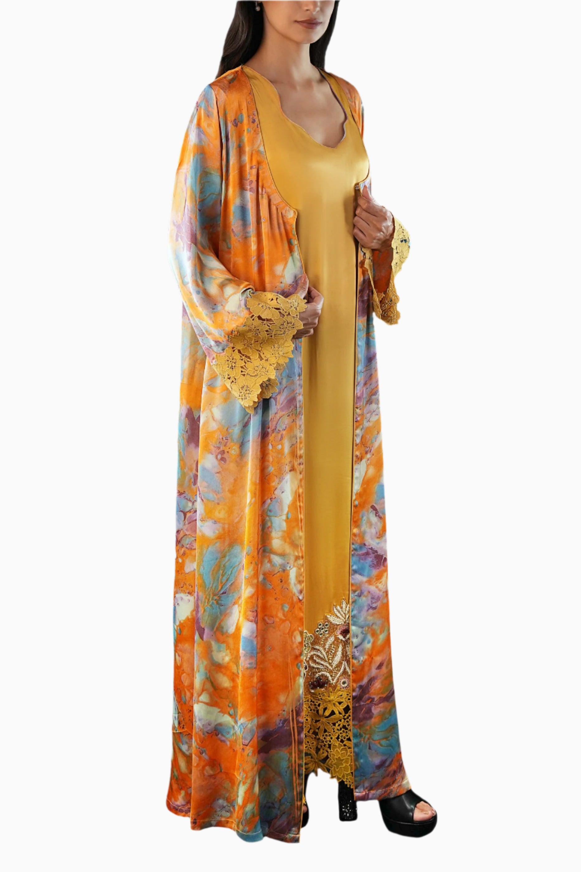 Saja Sunset- Floral Lace Embroidered Kaftan with Inner dress Set